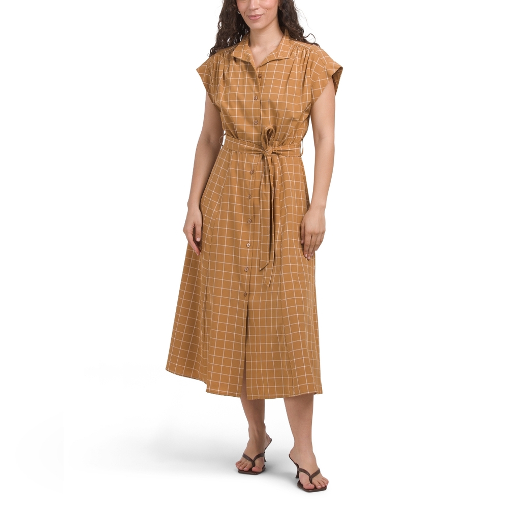NWT - Calvin Klein Beige Plaid Stretch Button Front Tie Waist Midi Dress - Sz 12